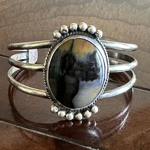 Navajo Southwest Cuff Bracelet Sterling Picture Moss Agate‎ Wood Old Pawn 32.4 g - Picture 1 of 12
